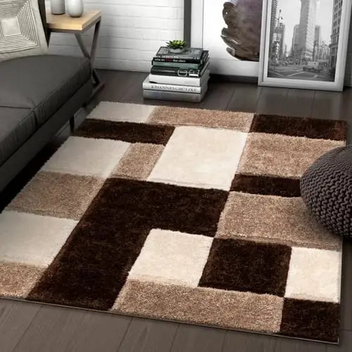 Handcrafted Super Soft Microfiber Shaggy Brown Beige Ivory Carpet Nuha Rugs
