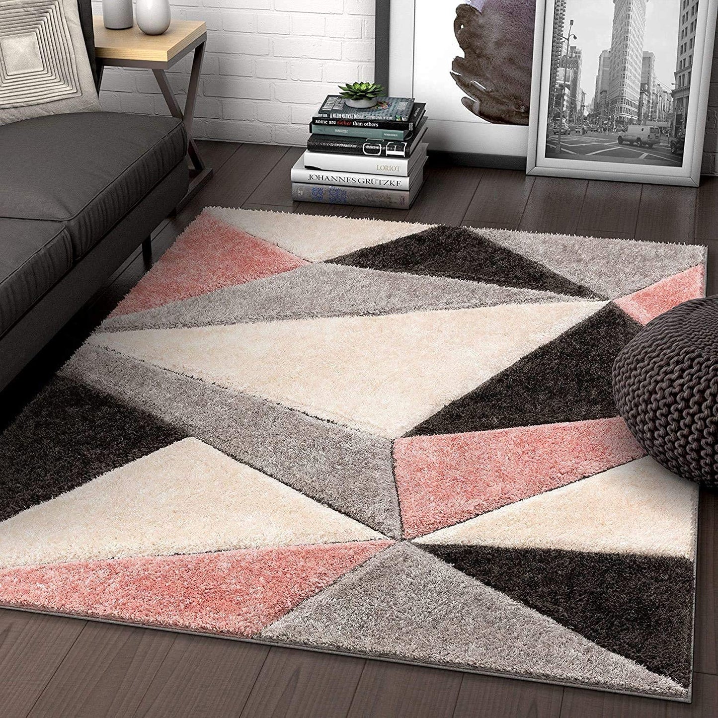 Handcrafted Super Soft Microfiber Shaggy Pink Black Silver Ivory Carpet Nuha Rugs
