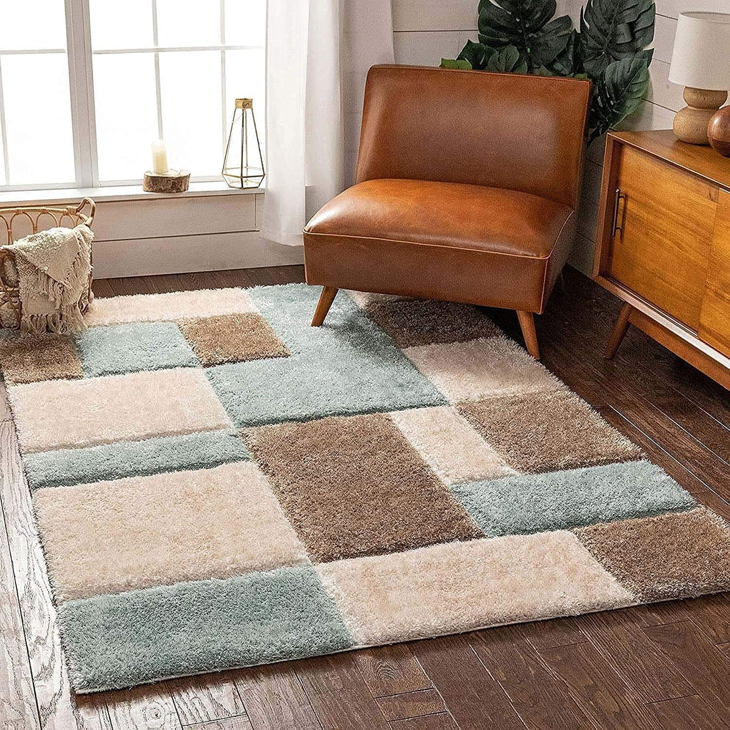 Handcrafted Super Soft Microfiber Shaggy Sky blue Beige Ivory Carpet Nuha Rugs