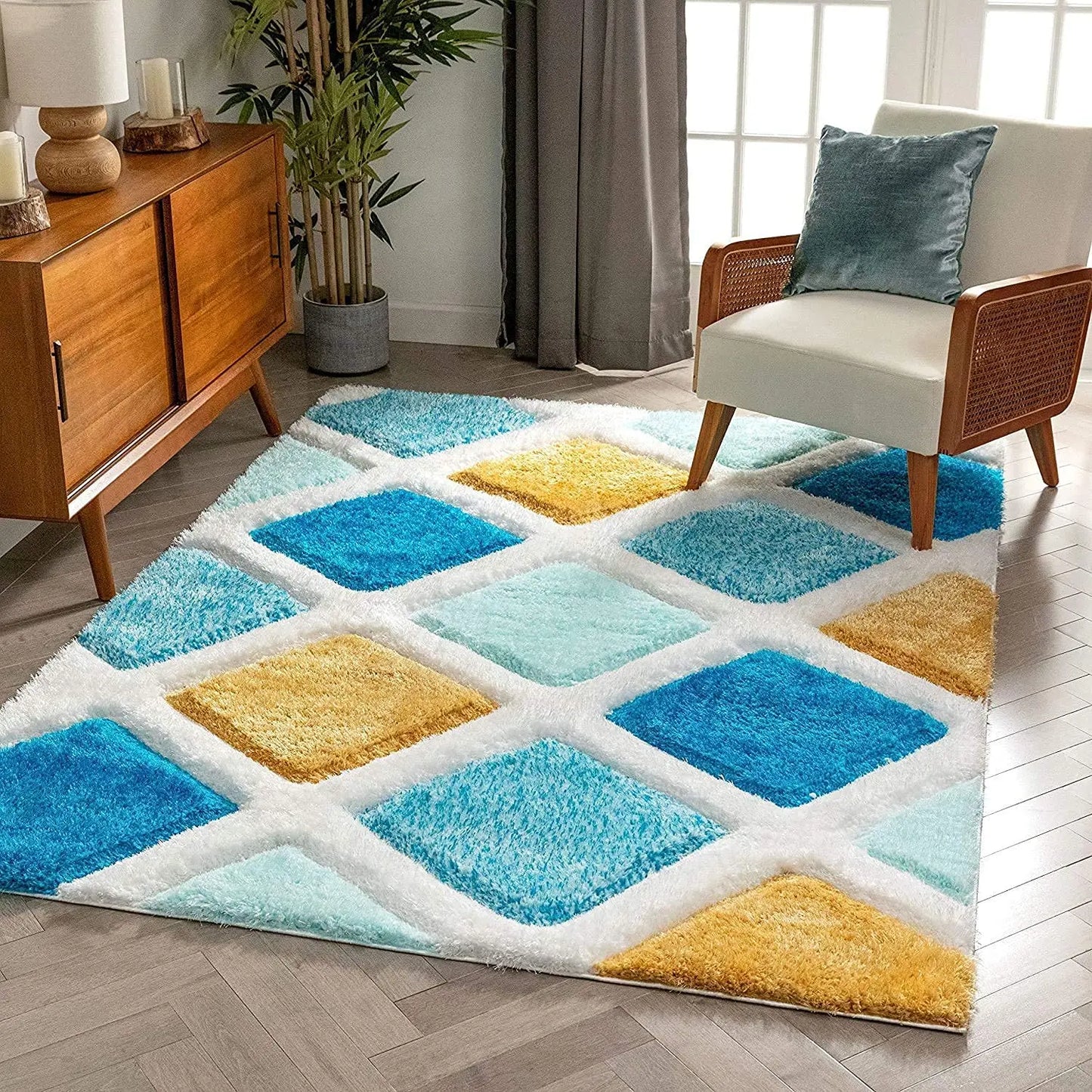 Handcrafted Super Soft Microfiber Shaggy Yellow Turquoise Ivory Carpet Nuha Rugs