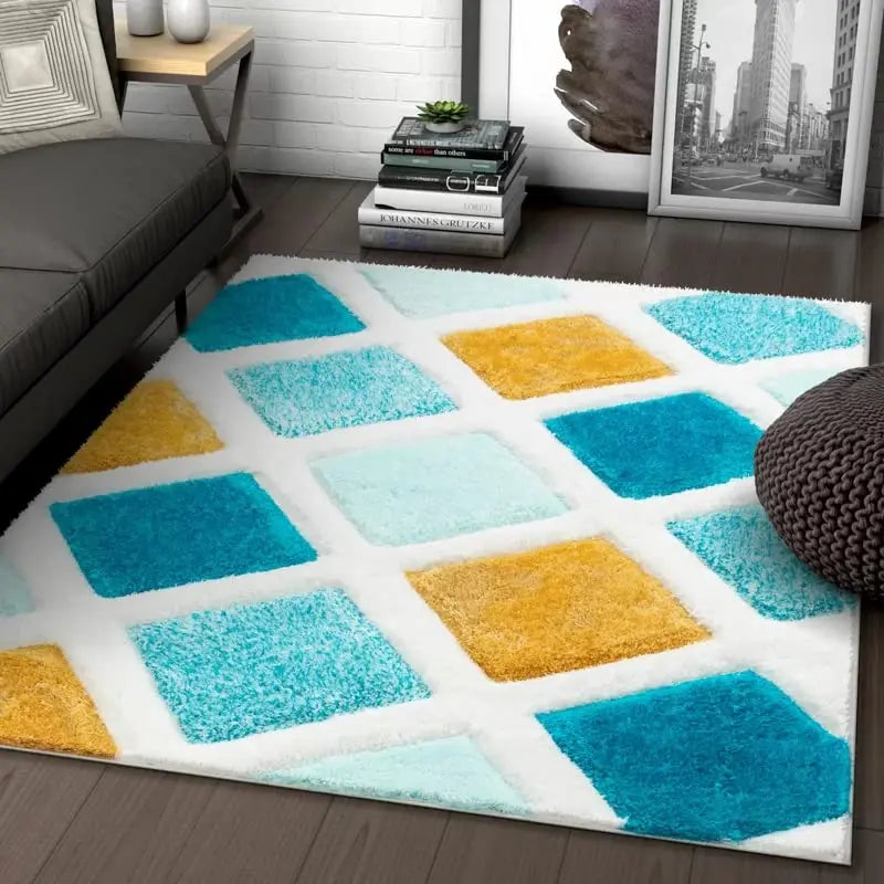 Handcrafted Super Soft Microfiber Shaggy Yellow Turquoise Ivory Carpet Nuha Rugs