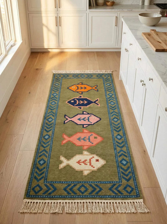 Hand Knotted Oushak Fish Rug, Fish Runner Rug, Nautical Area Rug, Coastal Home Decor, Boho Fish Rug, Colorful Wool Rug, Unique Nursery Rug (Copy)