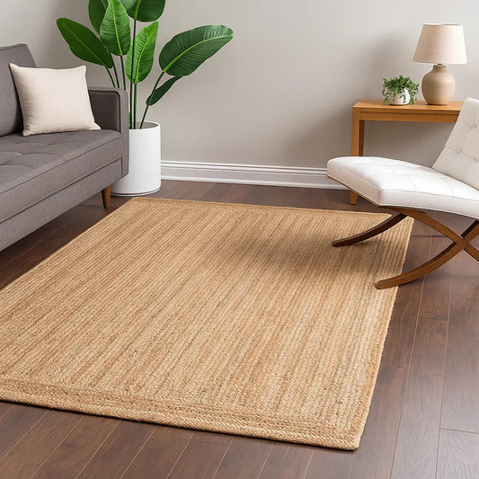 Terra Natural Jute Braided Carpet – Handmade Eco-Friendly Area Rug, Neutral Boho Rustic Farmhouse Floor Rug, Reversible Flatweave Jute Rug