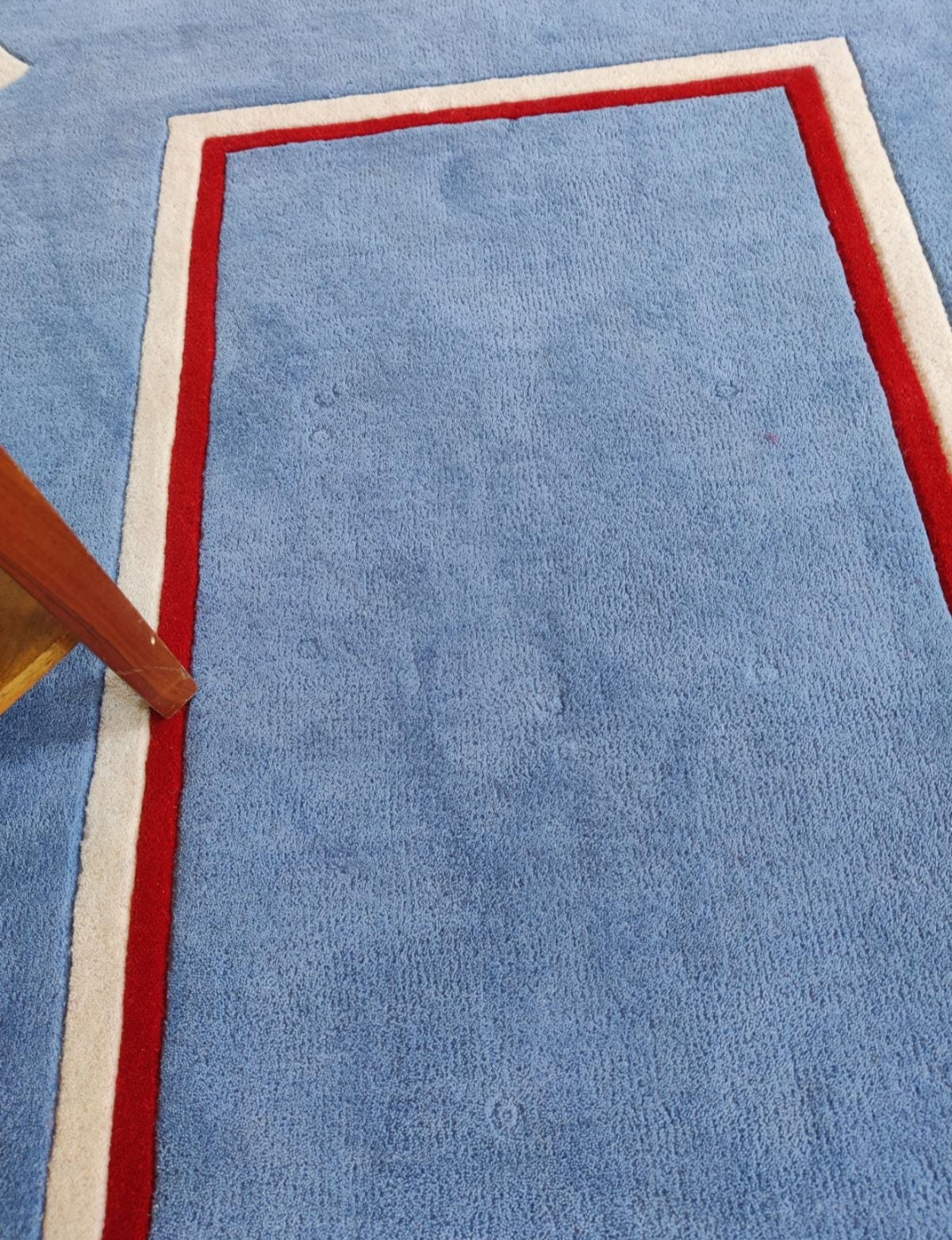 Handmade Blue Scalloped Edge Rug with Red Border | Modern Geometric Wool Carpet for Living Room, Bedroom & Kids Room
