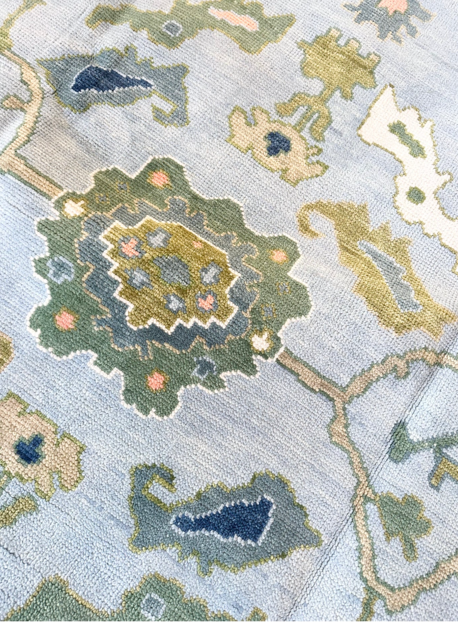 Hand Knotted Oushak Rug – Soft Pastel Blue & Green Turkish Style Area Carpet | Traditional Wool Oriental Rug