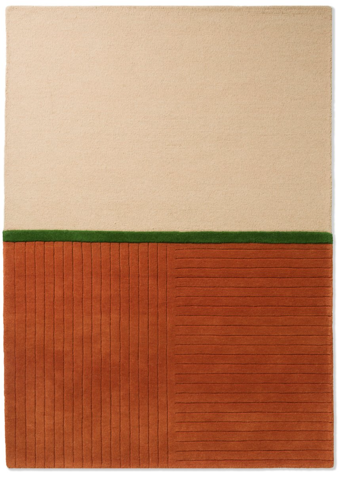 Minimalist Modern Wool Rug – Beige, Terracotta & Green Hand-Tufted Design with Textured Stripes for Living Room & Office Décor