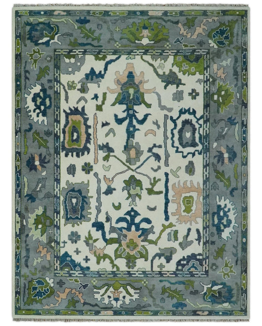 Handknotted Oushak Rug – Genuine Turkish Wool Oriental Carpet | Modern Blue & Green Floral Design