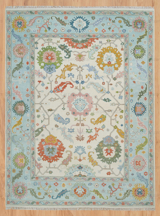 Handmade Light Blue Oriental Area Rug – Oushak Style Wool Carpet with Colorful Floral Motifs for Living Room & Home Décor