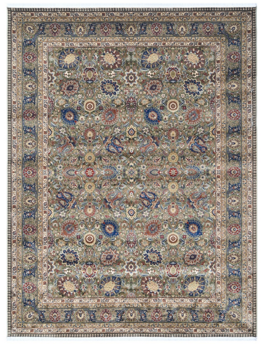 Persian Style Silk Rug | Elegant Green Floral Oriental Design | Luxury Traditional Area Rug
