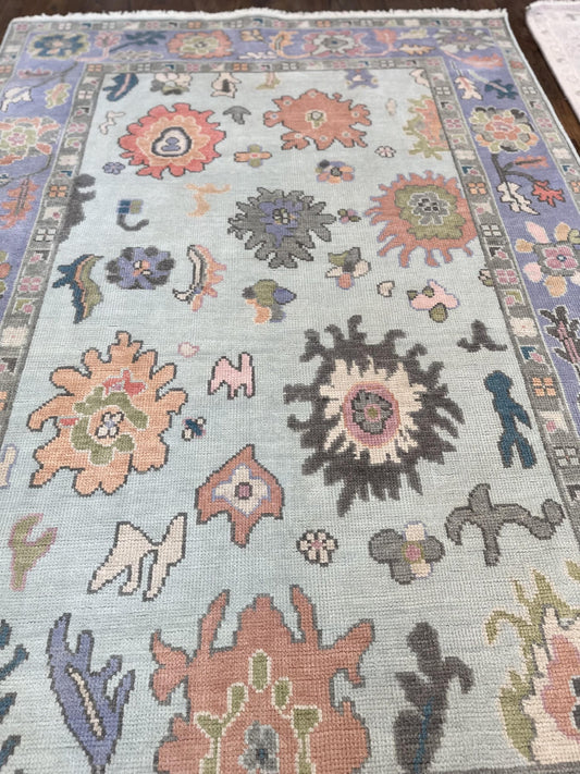 Handknotted Oushak Rug – Soft Pastel Turkish Wool Area Rug | Vintage Inspired Oriental Carpet | Light Blue & Multi-Color Boho Rug