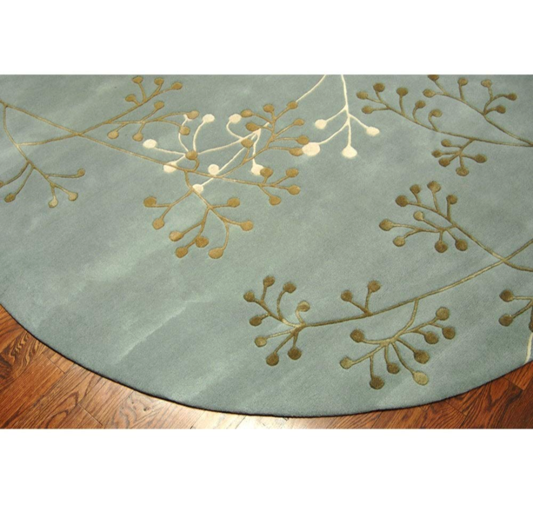Round Light Green Floral Area Rug – Soft Botanical Pattern Carpet for Dining Room, Bedroom, or Living Room Decor