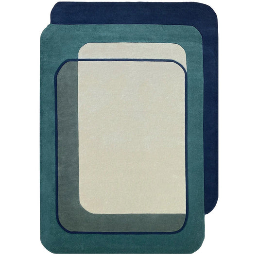 Modern Geometric Area Rug – Hand Tufted Wool Carpet in Blue & Teal Layered Rectangle Design | Contemporary Living Room & Bedroom Decor