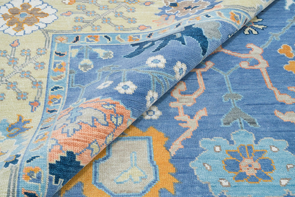 Hand-Knotted Blue Oushak Rug – Authentic Turkish Wool Carpet | Luxury Oriental Area Rug with Gold Accents