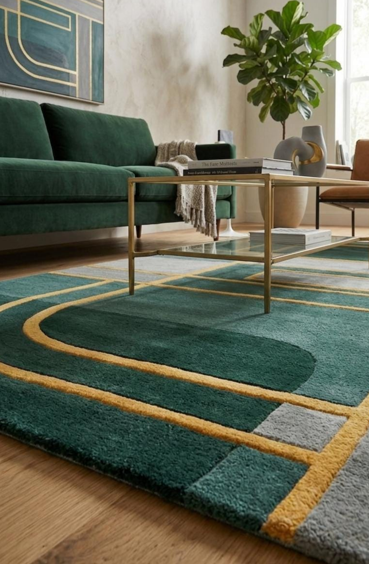 Emerald Green Hand Tufted Rug, Modern Geometric Area Rug, Luxury Abstract Wool Carpet, Contemporary Living Room Rug, Custom Handmade Rug