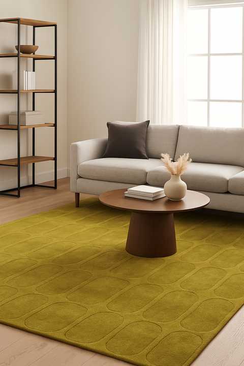 Luxury Hand-Tufted Olive Green Wool Rug | Geometric Capsule Pattern for Mid-Century & Modern Spaces