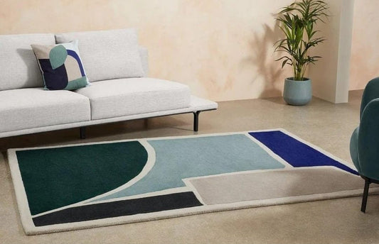 Modern Blue White Geometric Wool Area Rug | Hand-Tufted Carpet