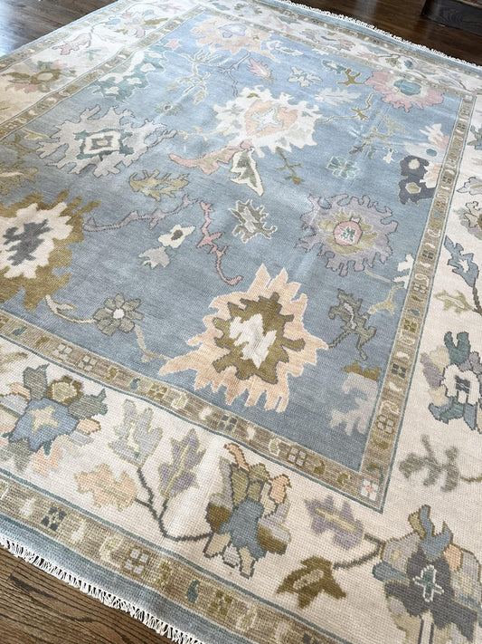 Hand Knotted Oushak Rug – Vintage Turkish Style Wool Area Rug, Soft Neutral Boho Carpet