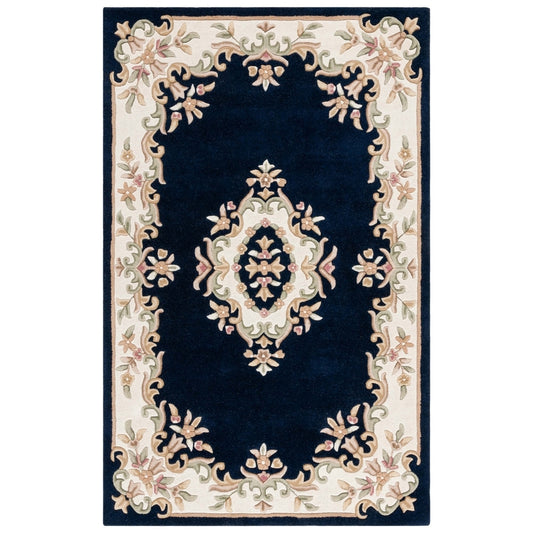 Luxury Navy Blue Floral Wool Area Rug – Vintage Aubusson Design, Hand-Tufted, Elegant Carpet for Living Room & Bedroom Décor