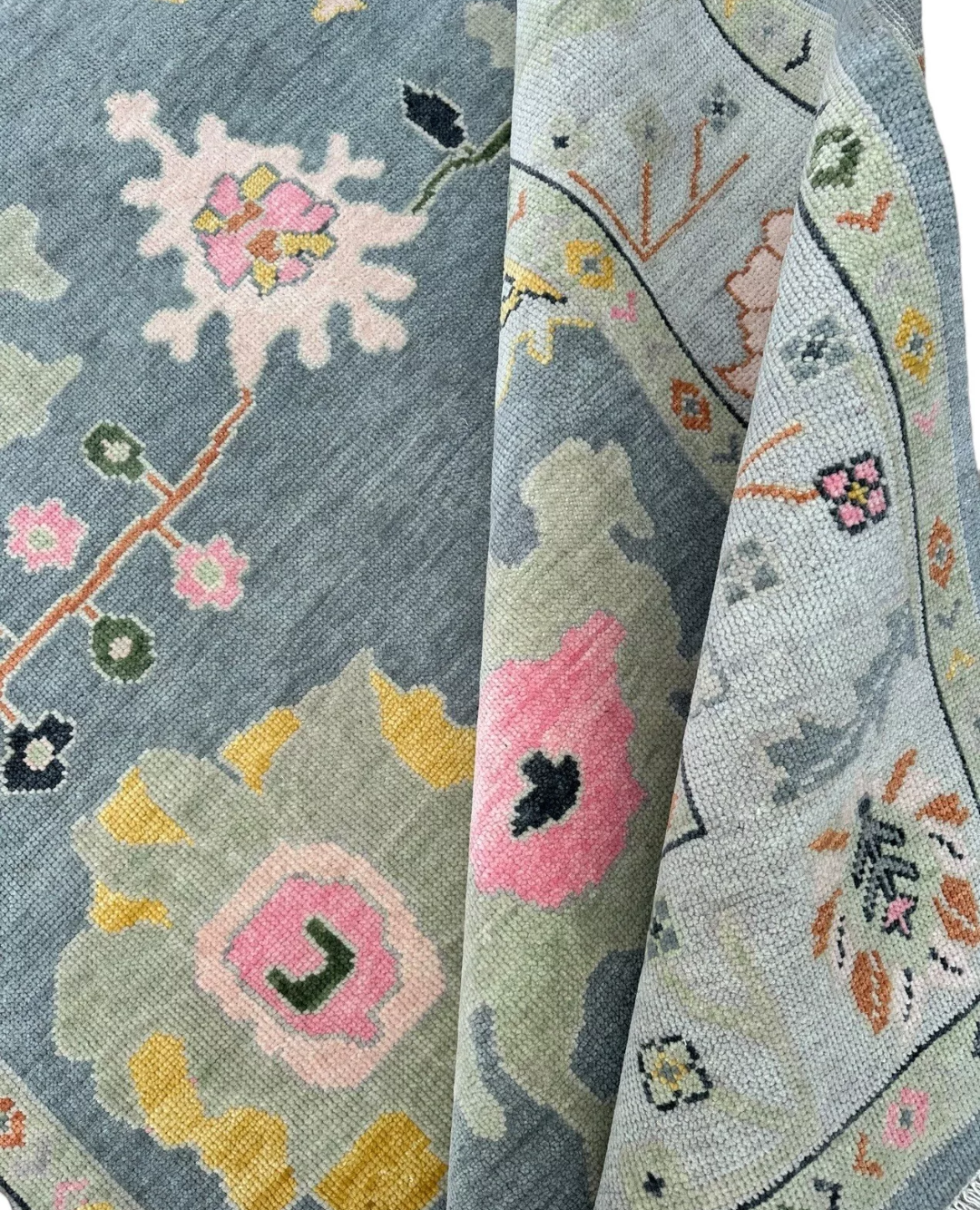 Hand Knotted Oushak Rug – Blue Turkish Wool Area Rug with Pastel Floral Motifs