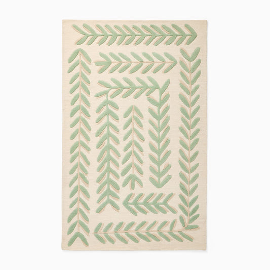 Botanical Hand-Tufted Rug | Green Leaf Pattern Modern Area Carpet | Nature Inspired Accent Rug for Living Room, Bedroom & Entryway