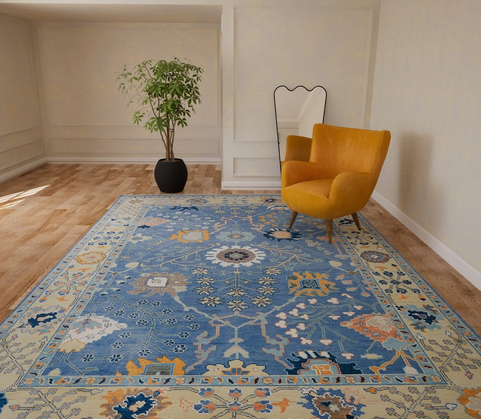 Hand-Knotted Blue Oushak Rug – Authentic Turkish Wool Carpet | Luxury Oriental Area Rug with Gold Accents