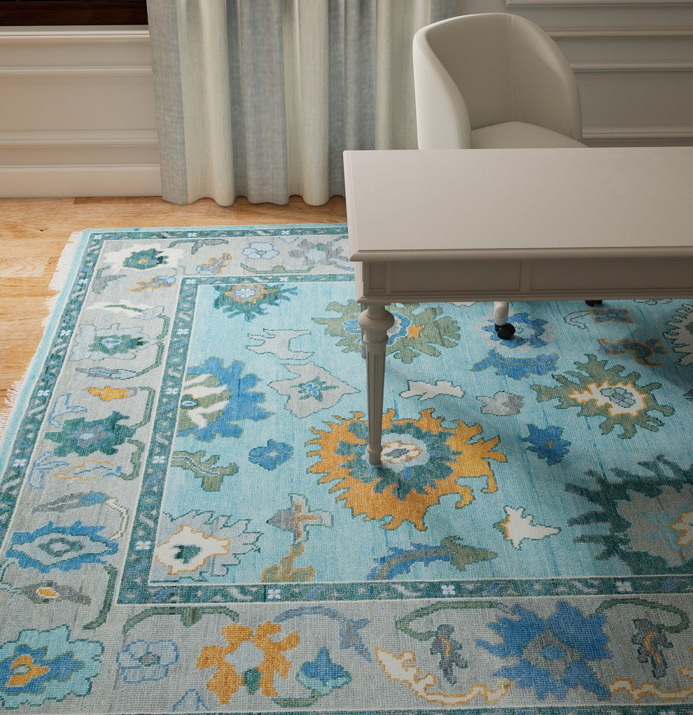 Hand-Knotted Blue Oushak Rug – Authentic Turkish Wool Area Carpet | Luxurious Handmade Oriental Design