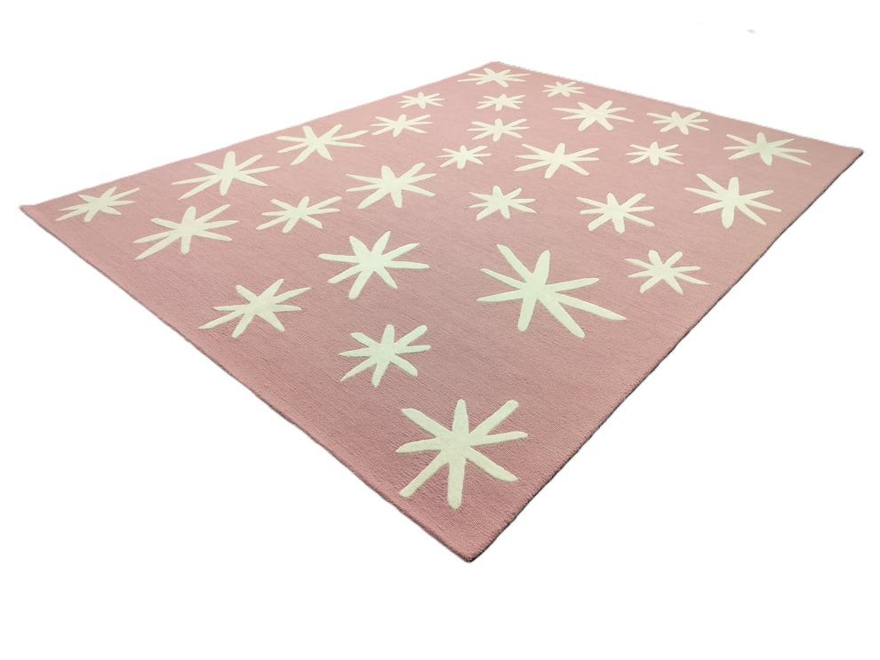 Pink Area Rug with White Starburst Pattern – Modern Hand-Tufted Wool Carpet for Living Room, Bedroom & Playroom Décor