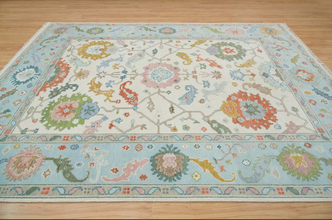 Light Blue Handknotted Oushak Rug – Soft Pastel Turkish Wool Carpet | Traditional Floral Design Area Rug for Living Room & Bedroom Decor