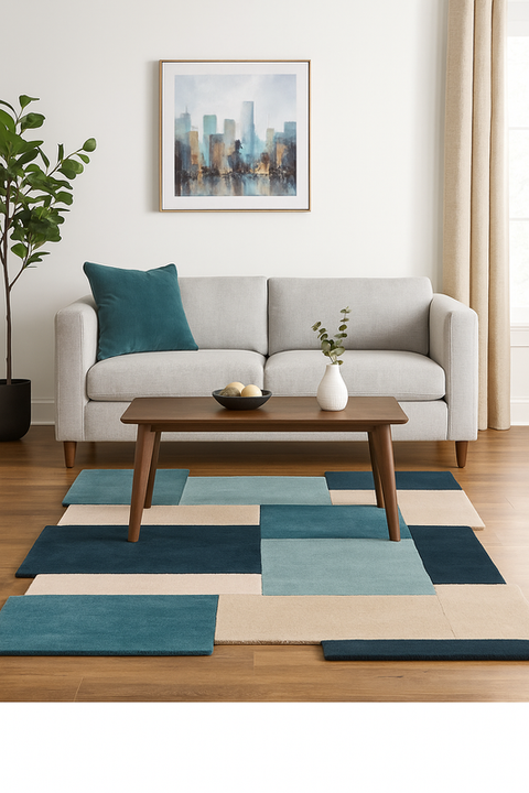 Modern Geometric Hand Tufted Wool Area Rug – Abstract Blue, Teal, Beige & Charcoal Color Block Carpet – Scandinavian Contemporary Living Room Rug – Handmade Luxury Floor Rug