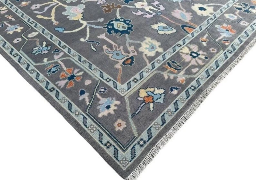 Modern Hand Knotted Oushak Rug – Grey & Blue Wool Area Carpet | Turkish Pastel Floral Design