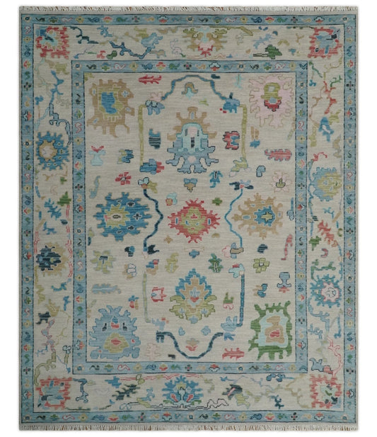 Handknotted Oushak Rug in Soft Pastel Blue & Ivory | Vintage Turkish Design Wool Carpet | Modern Boho Area Rug for Living Room & Bedroom Decor