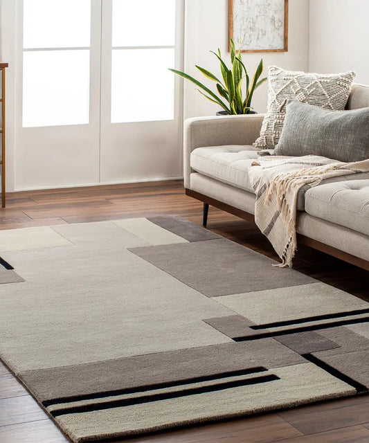 Modern Abstract Area Rug – Neutral Beige & Gray Geometric Carpet with Black Accents for Living Room & Bedroom Decor