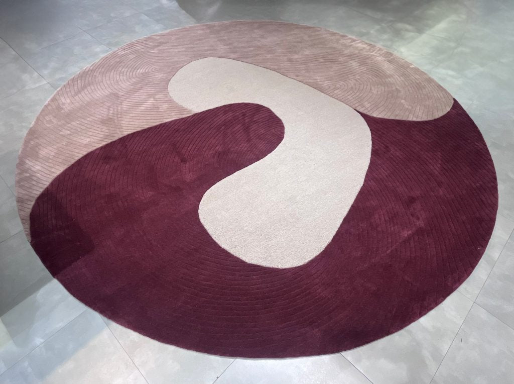 Modern Abstract Round Wool Rug – Hand-Tufted Burgundy, Beige & Pink Carpet for Living Room & Bedroom Decor