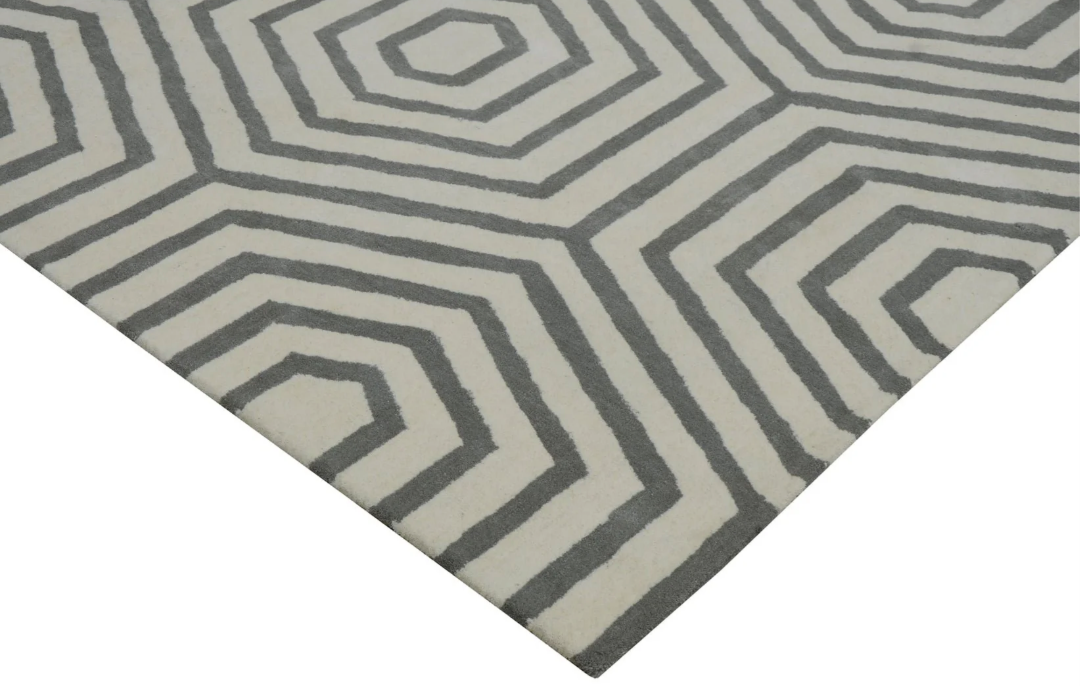 Modern Geometric Hexagon Area Rug – Hand-Tufted Wool Grey & Ivory Contemporary Carpet for Living Room, Bedroom, Office & Home Decor
