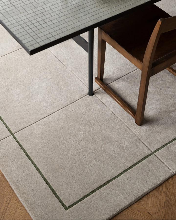 Minimalist Hand Tufted Wool Area Rug, Ivory Beige Rug with Olive Green Border, Modern Neutral Living Room Carpet, Contemporary Bedroom Rug, Custom Size Rug