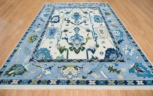 Handknotted Blue Oushak Rug – Traditional Turkish Wool Area Carpet, Modern Farmhouse Decor, Vintage Style Oriental Rug for Living Room & Bedroom
