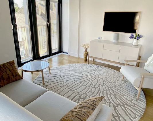 Round Beige Modern Area Rug – Textured Abstract Pattern Carpet for Living Room & Minimalist Home Decor