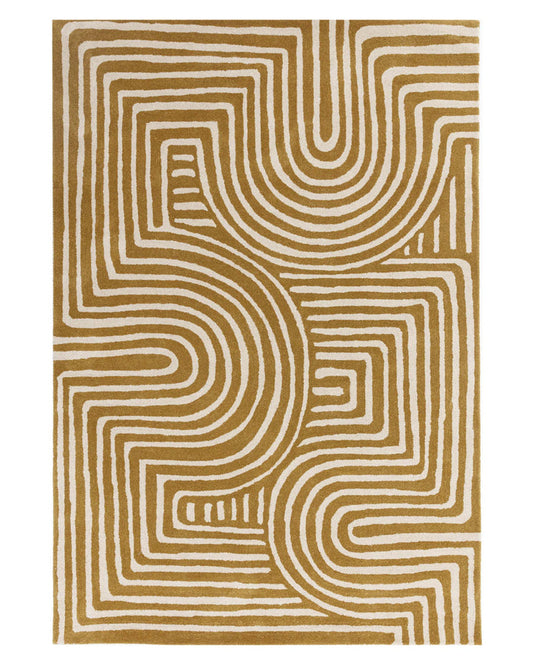 Modern Abstract Line Pattern Area Rug – Hand-Tufted Wool Mustard Yellow & Ivory Geometric Carpet for Living Room, Bedroom, Office & Home Decor
