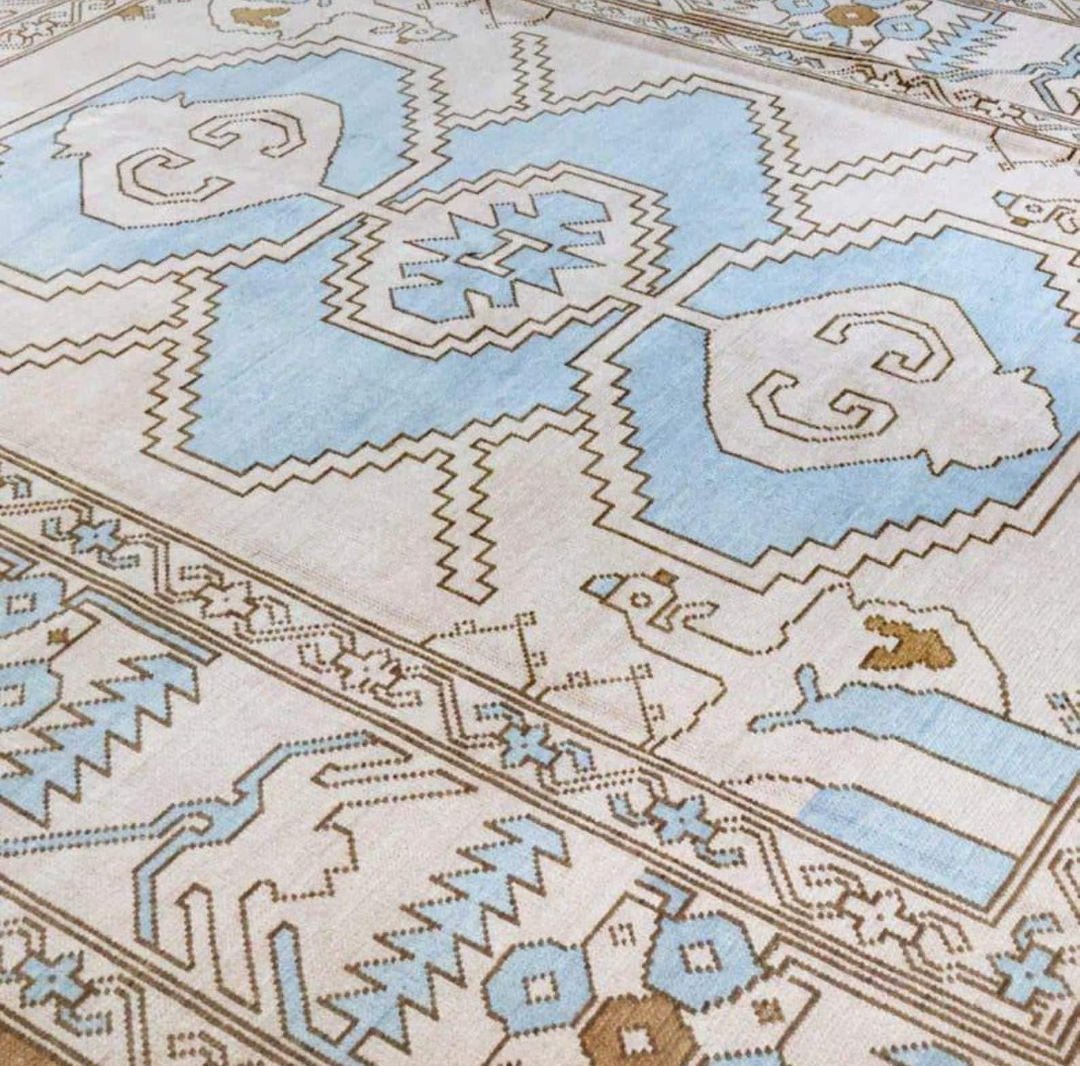 Hand-Knotted Oushak Rug – Light Blue & Ivory Wool Area Rug, Geometric Turkish Oriental Design