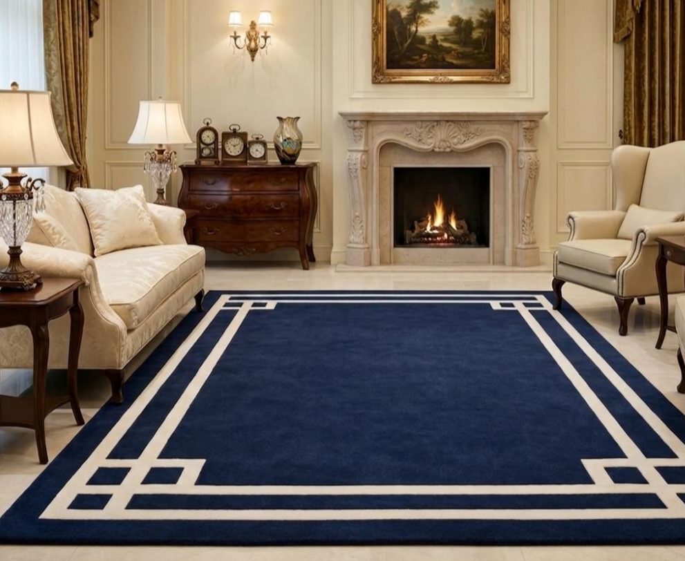 Hand Tufted Navy Blue Area Rug, Modern Geometric Wool Rug, Luxury Living Room Carpet, Contemporary Handmade Floor Rug, Custom Size Rug