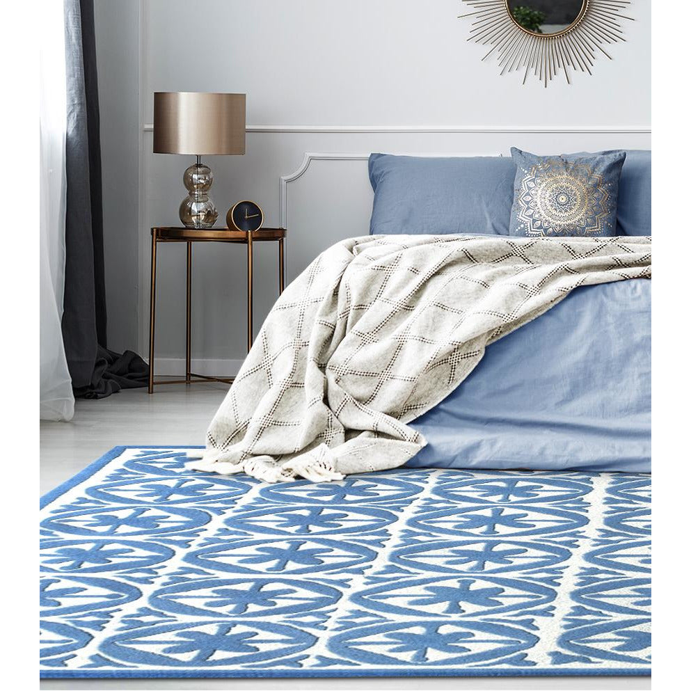 Handmade Blue & White Geometric Rug – Modern Moroccan Tile Design Carpet for Living Room, Bedroom & Home Décor
