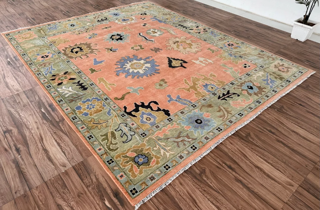 Hand Knotted Oushak Rug – Terracotta Turkish Wool Area Rug with Floral Motifs
