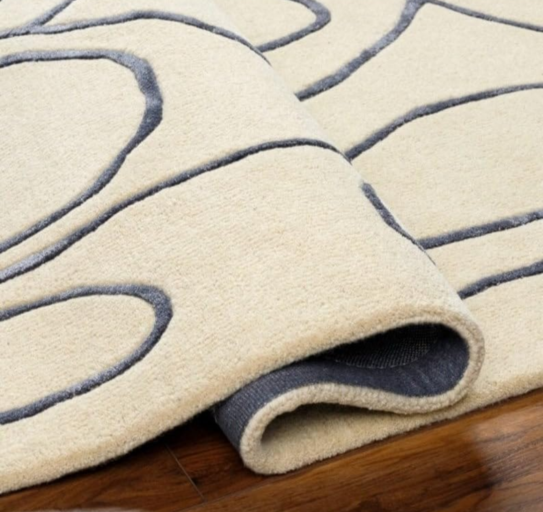 Modern Abstract Line Art Rug | Hand-Tufted Ivory Black Carpet for Living Room Decor