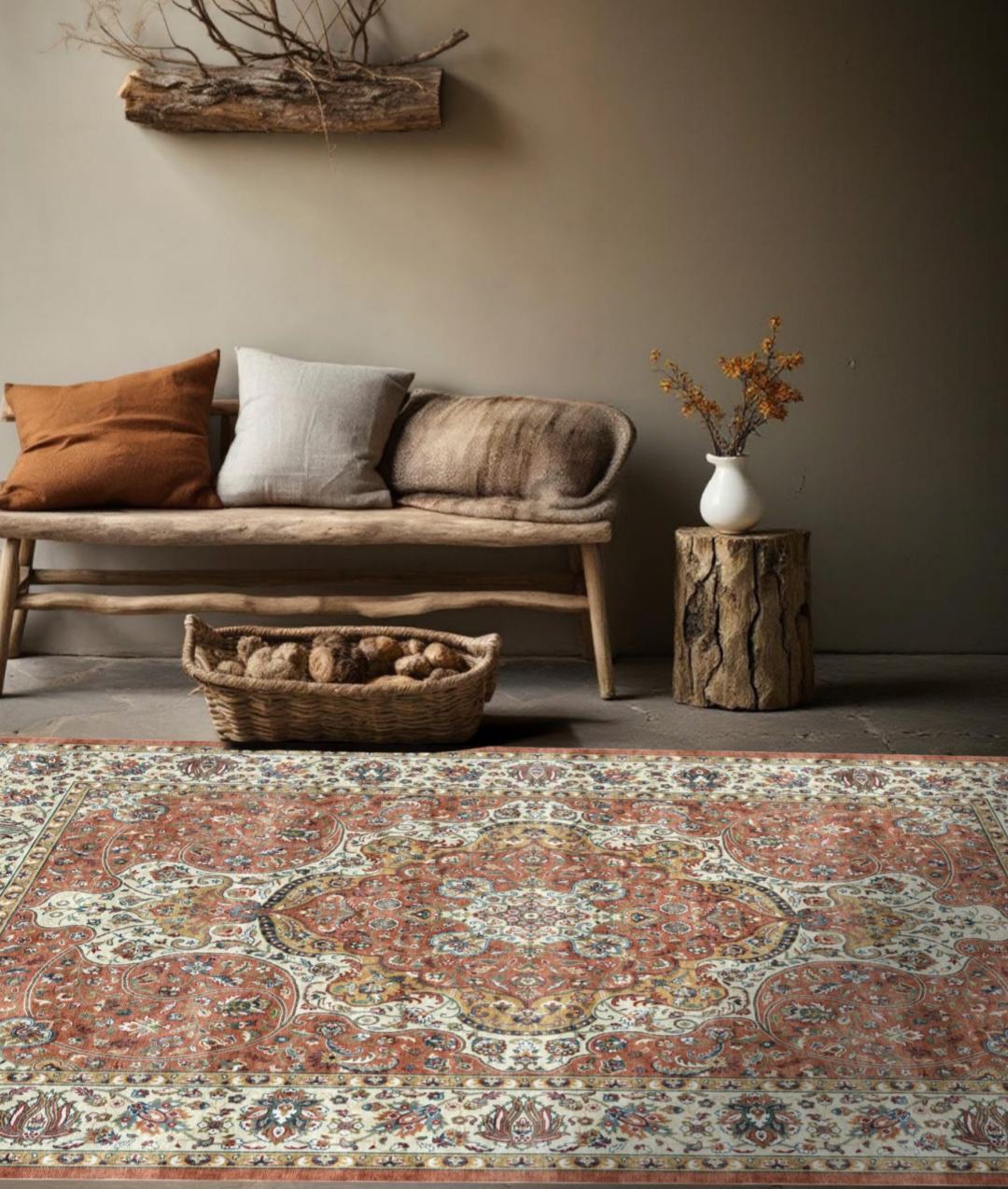 Luxury Persian Silk Rug with Elegant Medallion Design – Soft Peach & Ivory Decorative Carpet