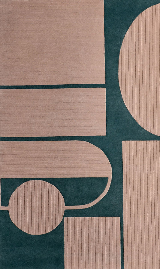 Handmade Modern Geometric Wool Rug – Beige & Green Minimalist Area Carpet for Living Room, Bedroom & Contemporary Home Décor