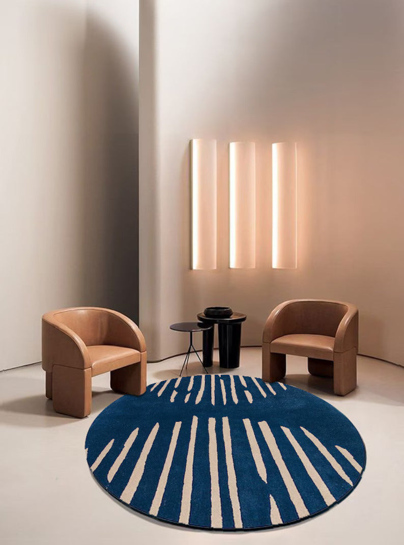 Modern Blue Round Area Rug – Abstract Striped Carpet for Living Room, Bedroom & Contemporary Home Décor