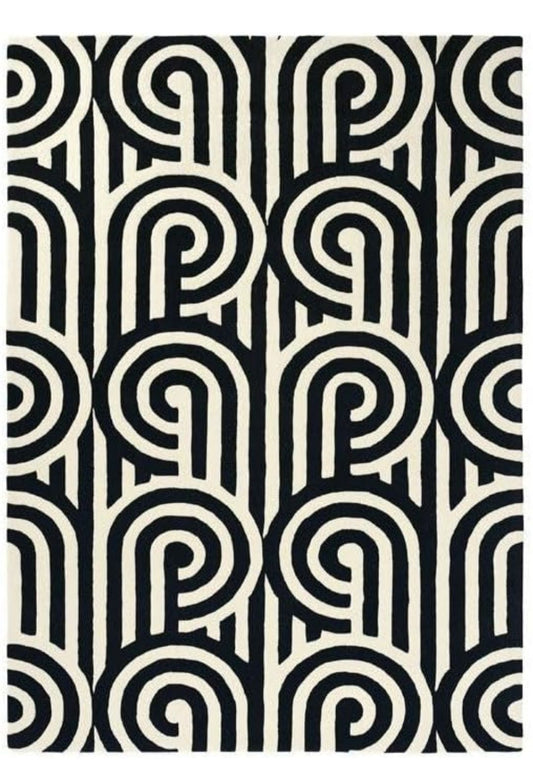 Modern Black and White Geometric Rug – Hand-Tufted Wool Area Carpet – Retro Arch Pattern for Living Room or Bedroom Decor