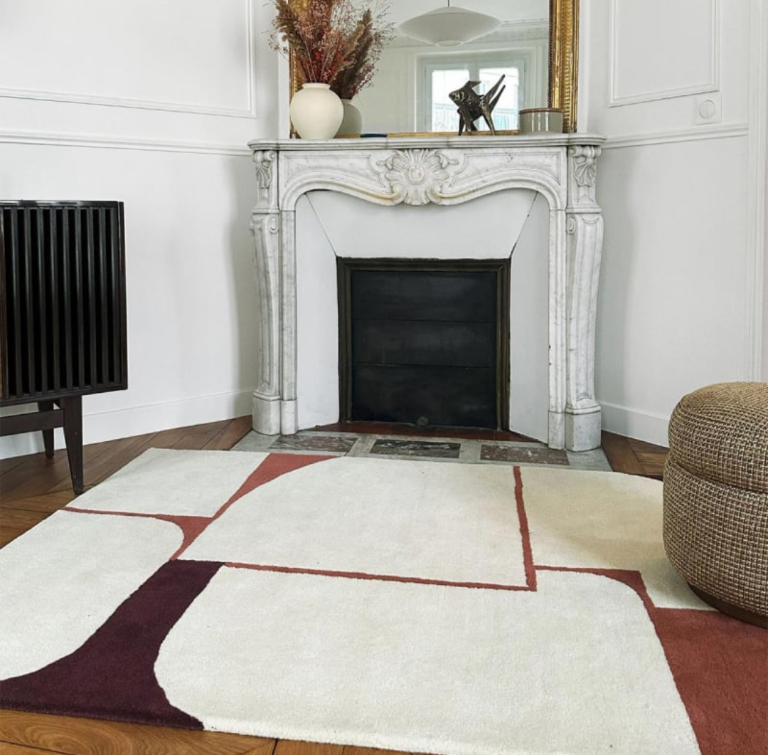Modern Abstract Geometric Wool Rug | Hand-Tufted Minimalist Area Carpet | Cream Brown Burgundy Contemporary Design | Living Room Bedroom Decor