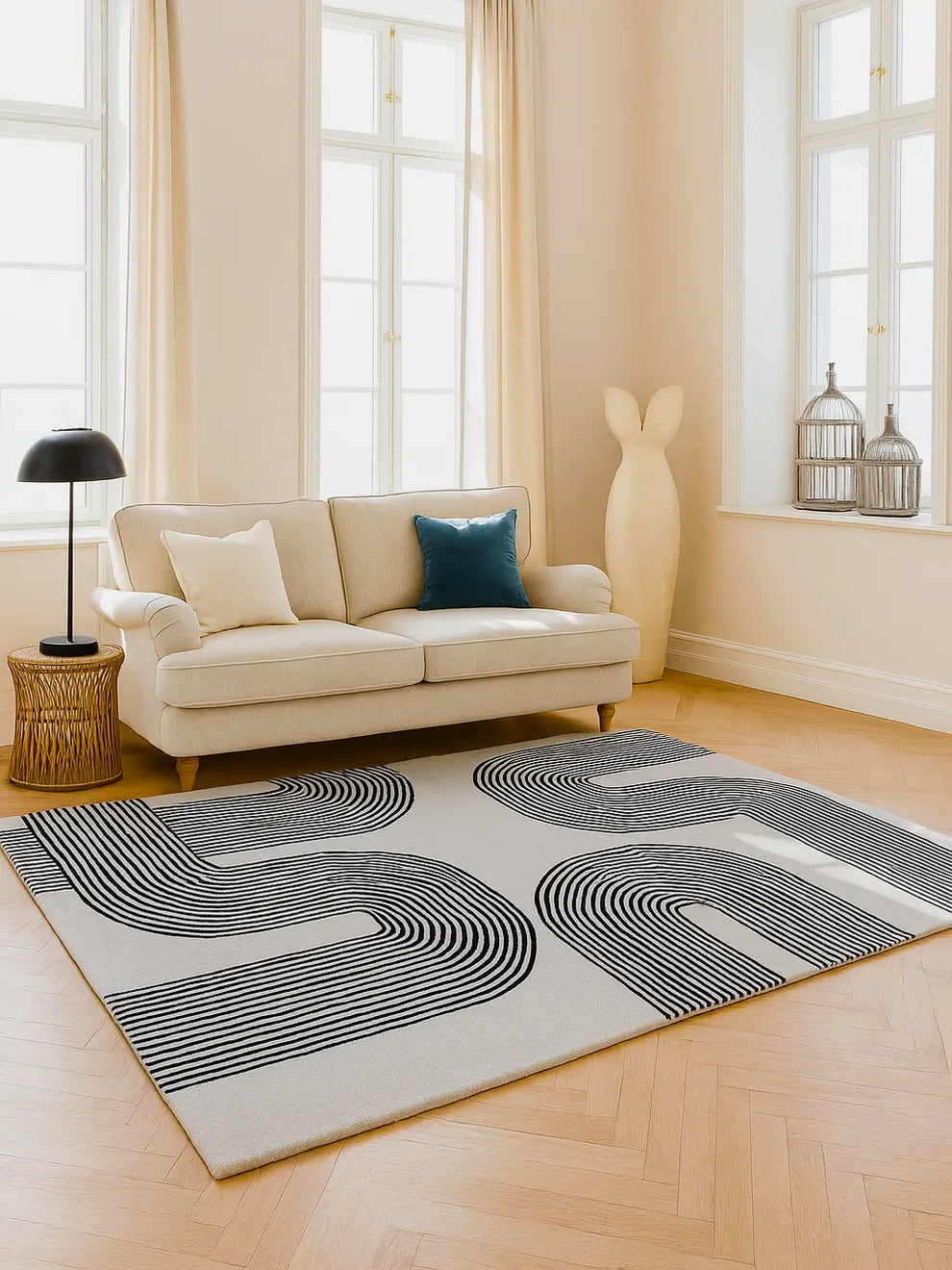 Modern Hand Tufted Wool Rug – Scandinavian Abstract Line Art Carpet for Living Room & Bedroom