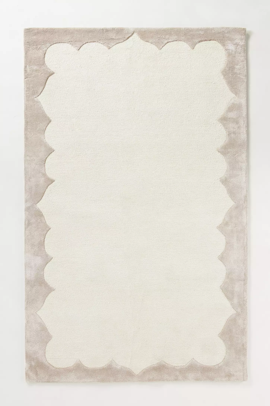 Hand Tufted Ivory & Beige Scalloped Area Rug – Modern Minimalist Wool Carpet, Luxury Neutral Living Room Rug, Handmade Contemporary Bedroom Decor, Custom Size Rug